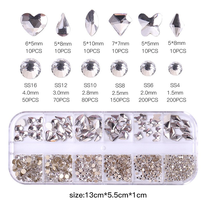 Best Seller 12 Grid AB kit Nail Stone Nail Rhinestones Crystal Multi Shape Glass Diamonds nail charms in bulk Decoration