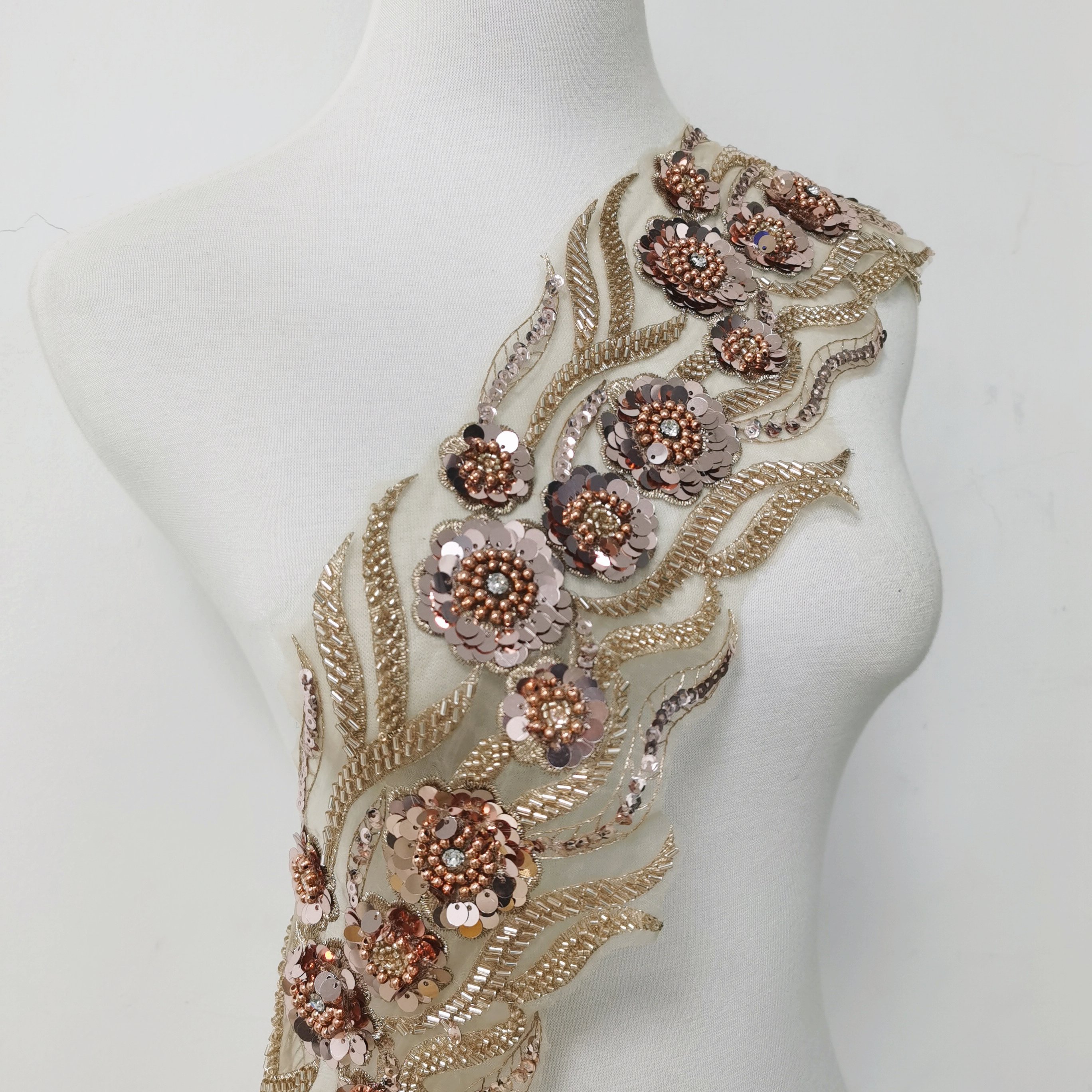 Chamgpagne sequin beads 3d flower with Rhinestones Embroidered Lace Trim wholesale lace trimming