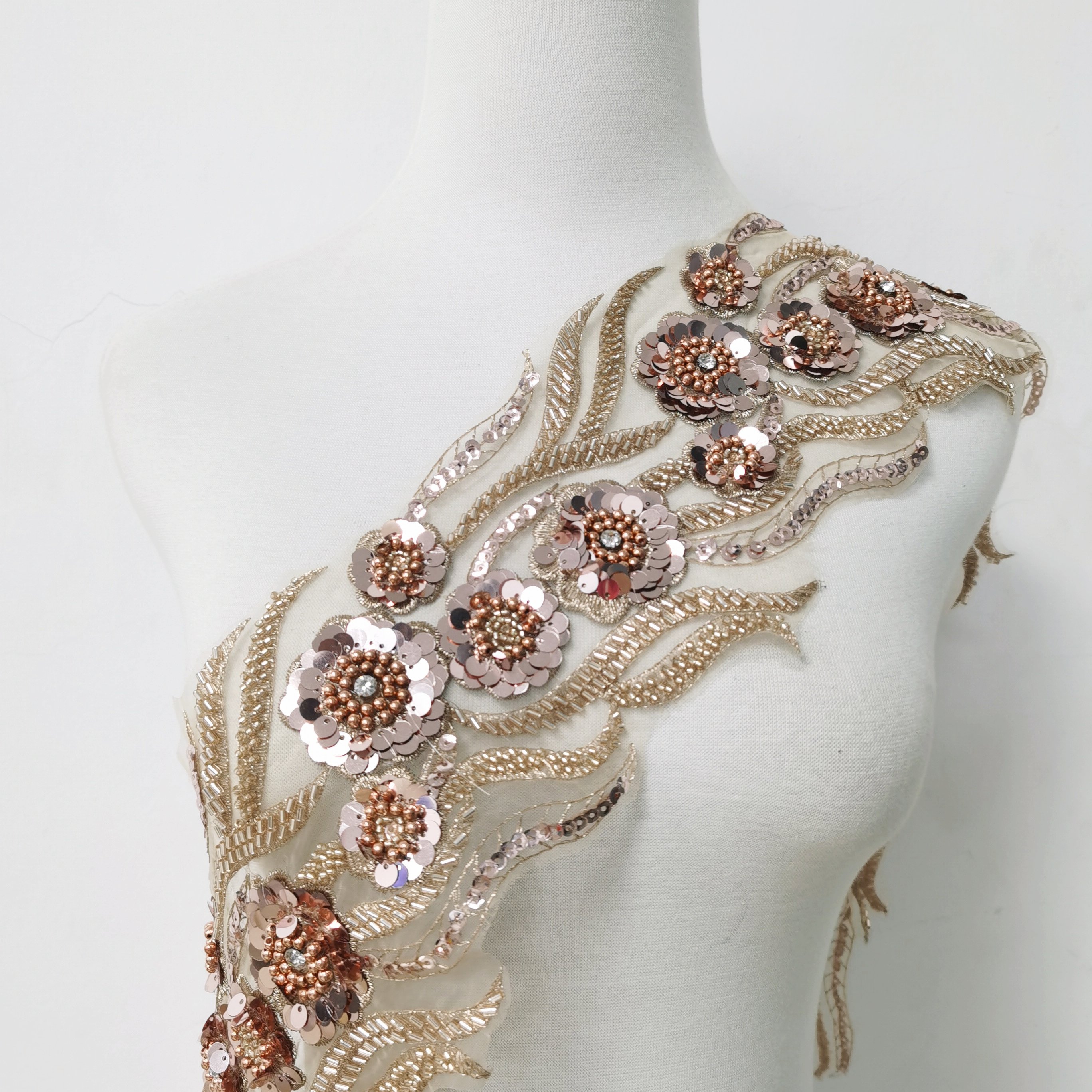 Chamgpagne sequin beads 3d flower with Rhinestones Embroidered Lace Trim wholesale lace trimming