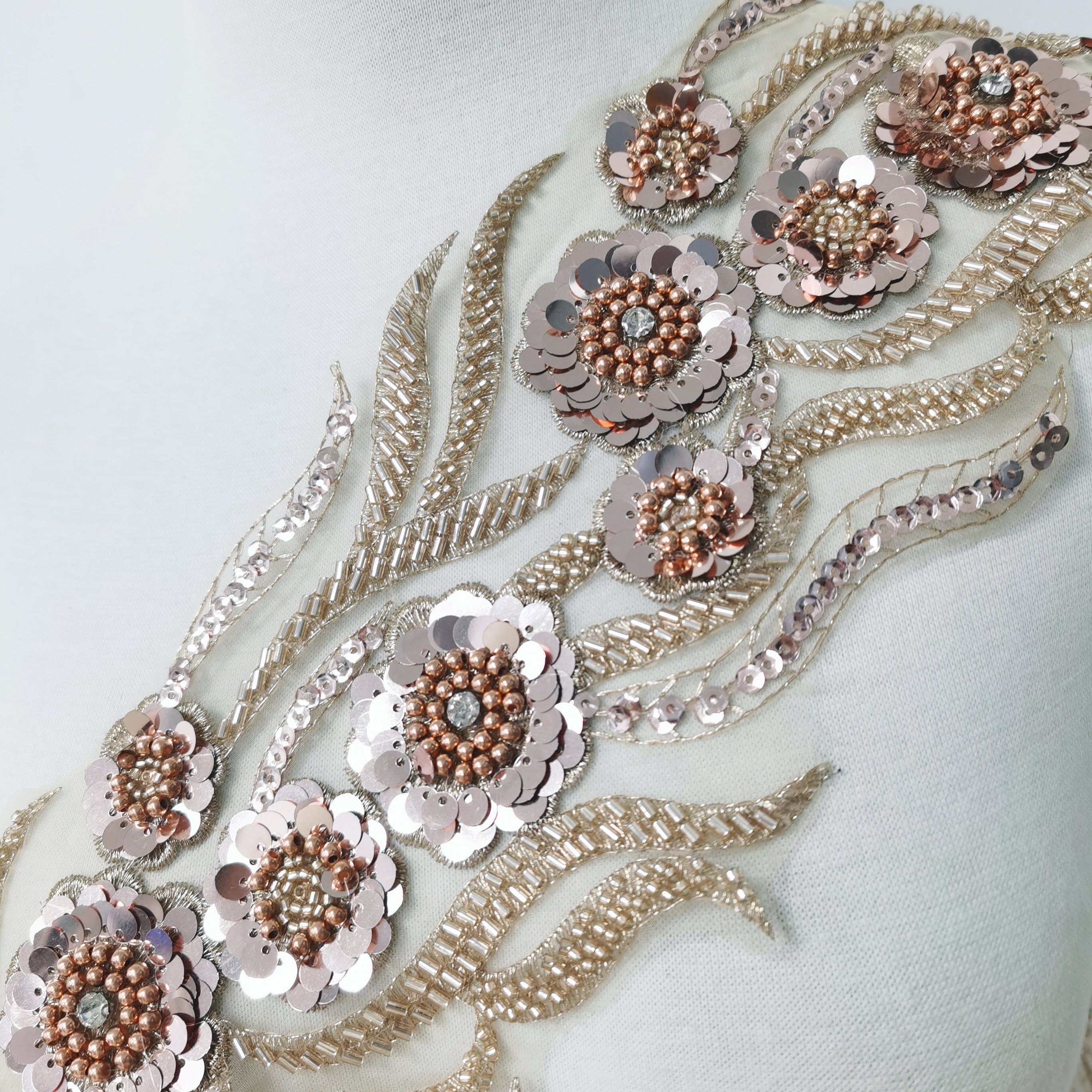 Chamgpagne sequin beads 3d flower with Rhinestones Embroidered Lace Trim wholesale lace trimming