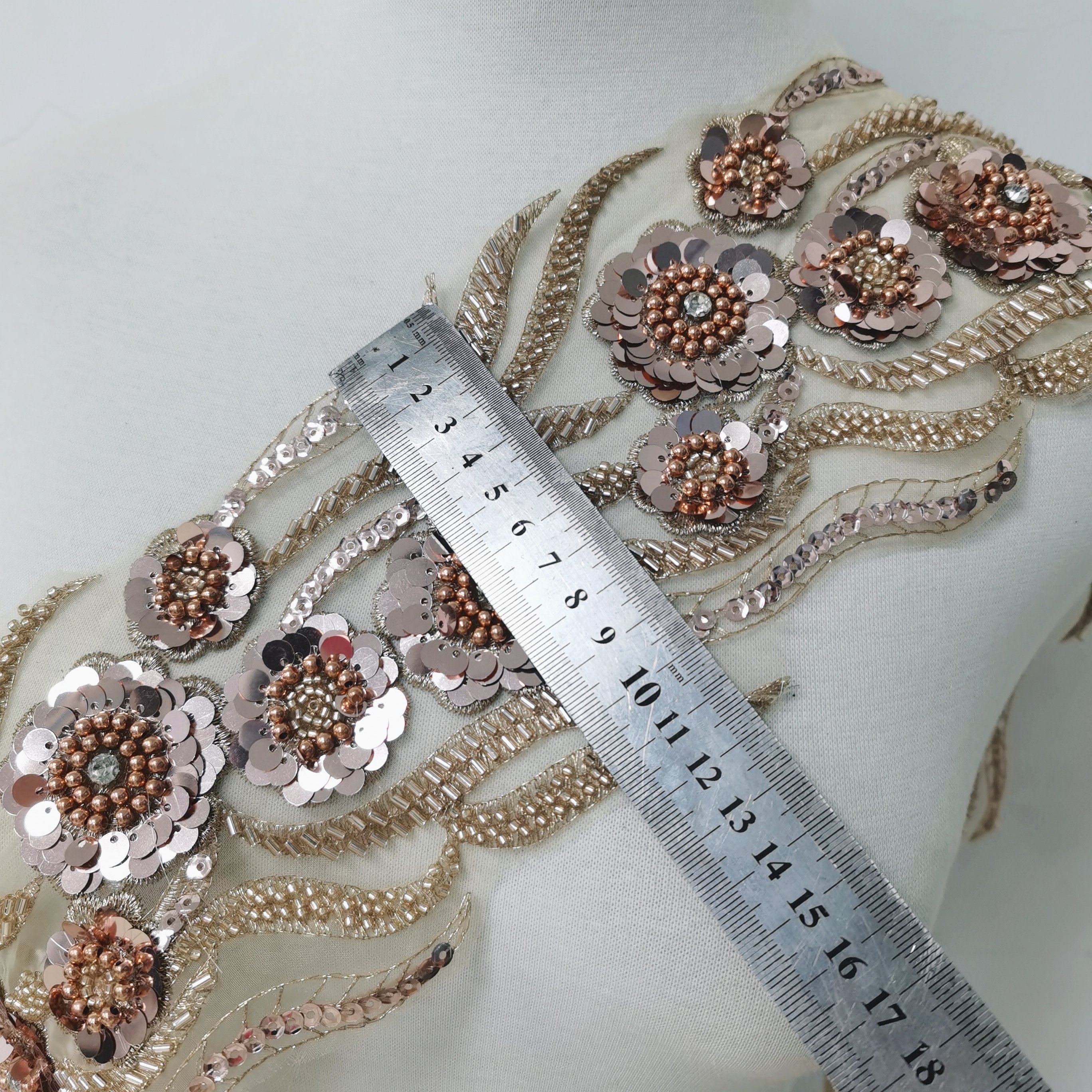 Chamgpagne sequin beads 3d flower with Rhinestones Embroidered Lace Trim wholesale lace trimming