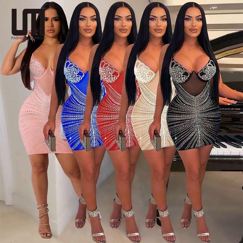 Liu Ming Valentines Day Gift Women Elegant Clothing Club Party Rhinestone Short Mini Dress