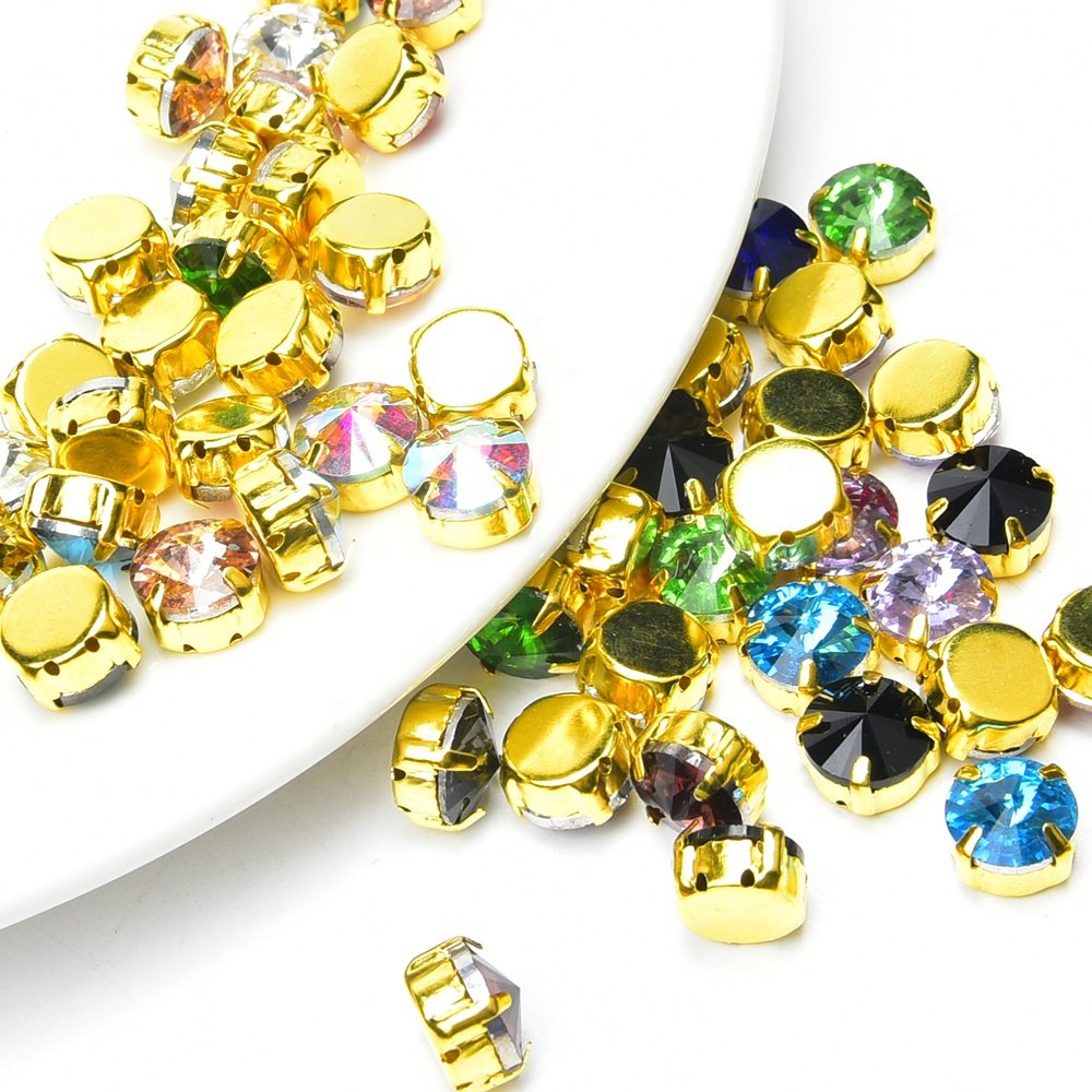 Gold Claw Glass Crystal 8/10/14mm Round Rhinestone Sew on Satellite Diamond Button Handmade Craft Ornament DIY Trimming