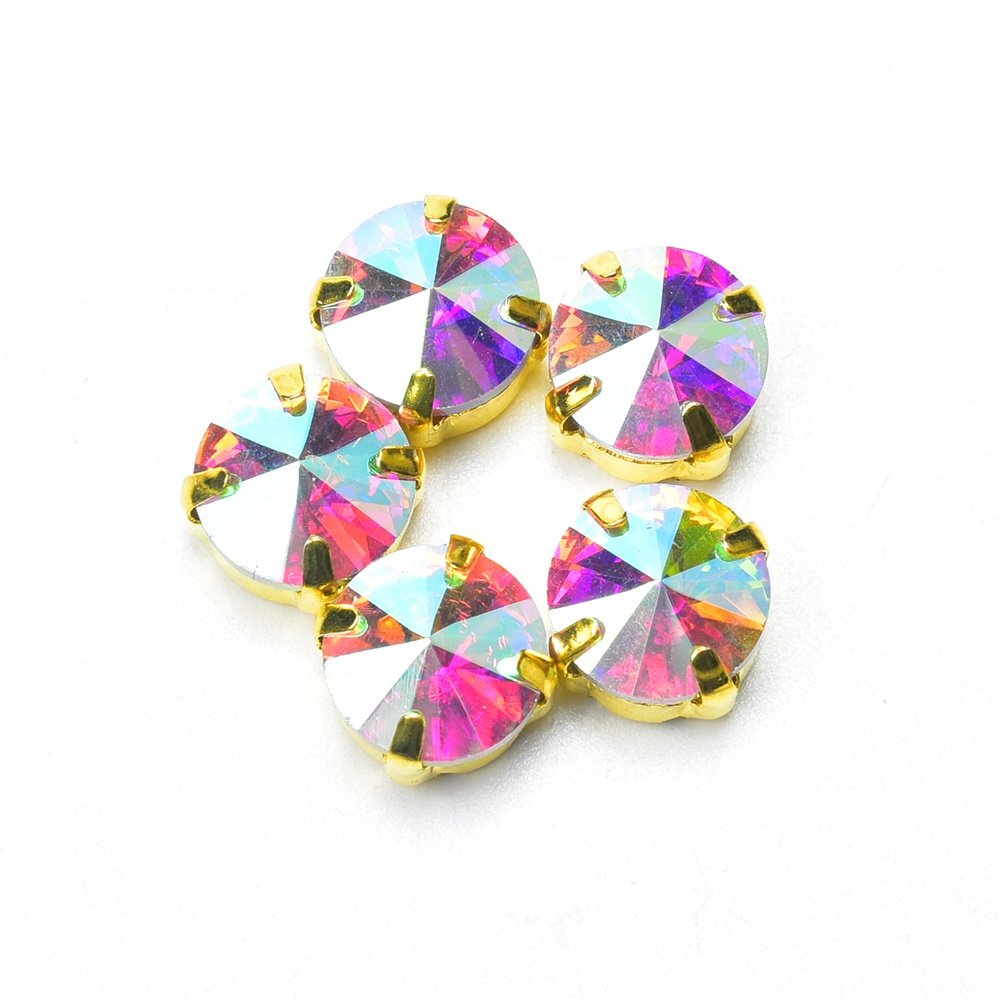 Gold Claw Glass Crystal 8/10/14mm Round Rhinestone Sew on Satellite Diamond Button Handmade Craft Ornament DIY Trimming