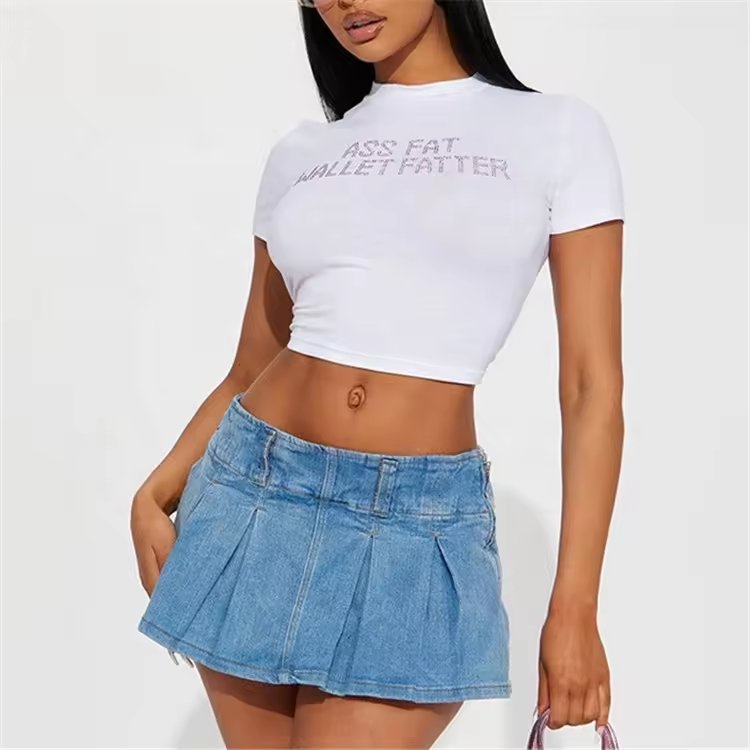 2024 Trendy Rhinestone Letters Print T-Shirts Fashion Casual O Neck Short Sleeve Crop Tops Y2K Summer Sexy Girl Baby Tee Women