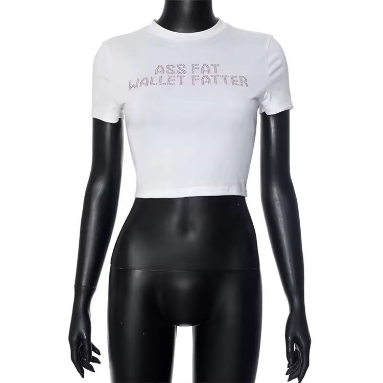 2024 Trendy Rhinestone Letters Print T-Shirts Fashion Casual O Neck Short Sleeve Crop Tops Y2K Summer Sexy Girl Baby Tee Women