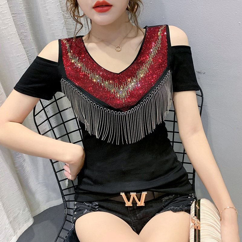 Women's sexy Strapless Rhinestone Shiny Sequined Cotton Clothes Slim Knit Tee Tops Nightclub Short Sleeve Shirts Party T-shirt