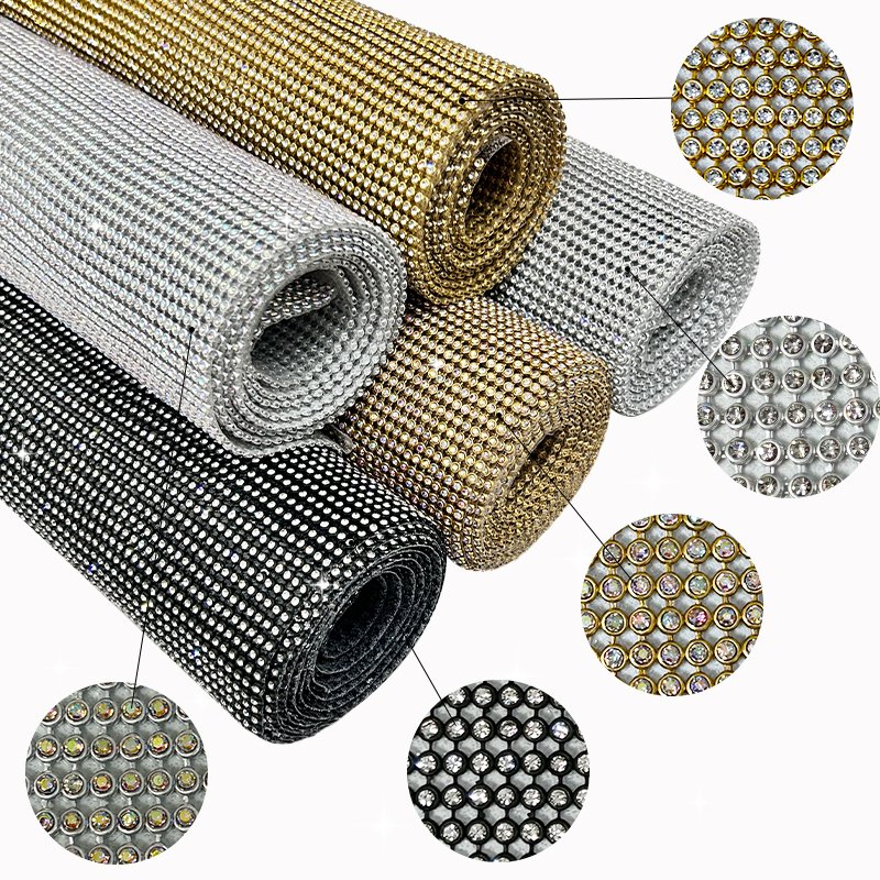 Gold applique rhinestone aluminium mesh fabric sew on hot fix rhinestone adhesive sheets