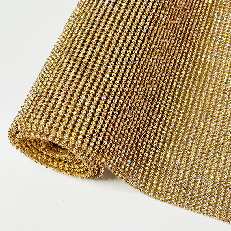 Gold applique rhinestone aluminium mesh fabric sew on hot fix rhinestone adhesive sheets