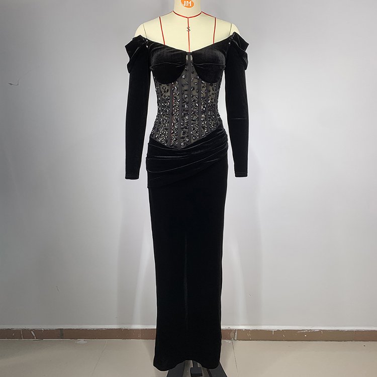 Elegant Evening Sexy Ladies Velvet Long Sleeve Slit Floor Length Rhinestone Women Bodycon Dress