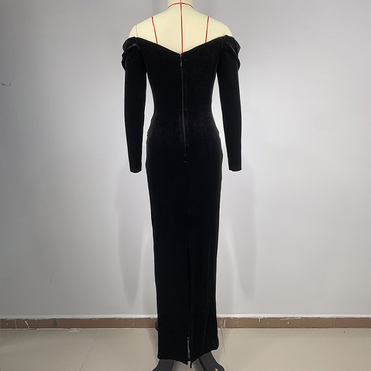 Elegant Evening Sexy Ladies Velvet Long Sleeve Slit Floor Length Rhinestone Women Bodycon Dress