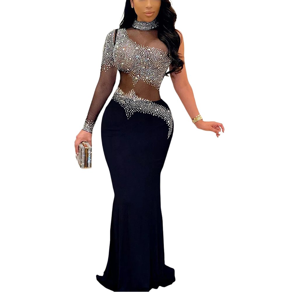 Plus Size Rhinestone Long Gowns Formal Party Wear Evening Dresses Ball Gown Print Pattern Natural Satin for Women Full 1 Piece