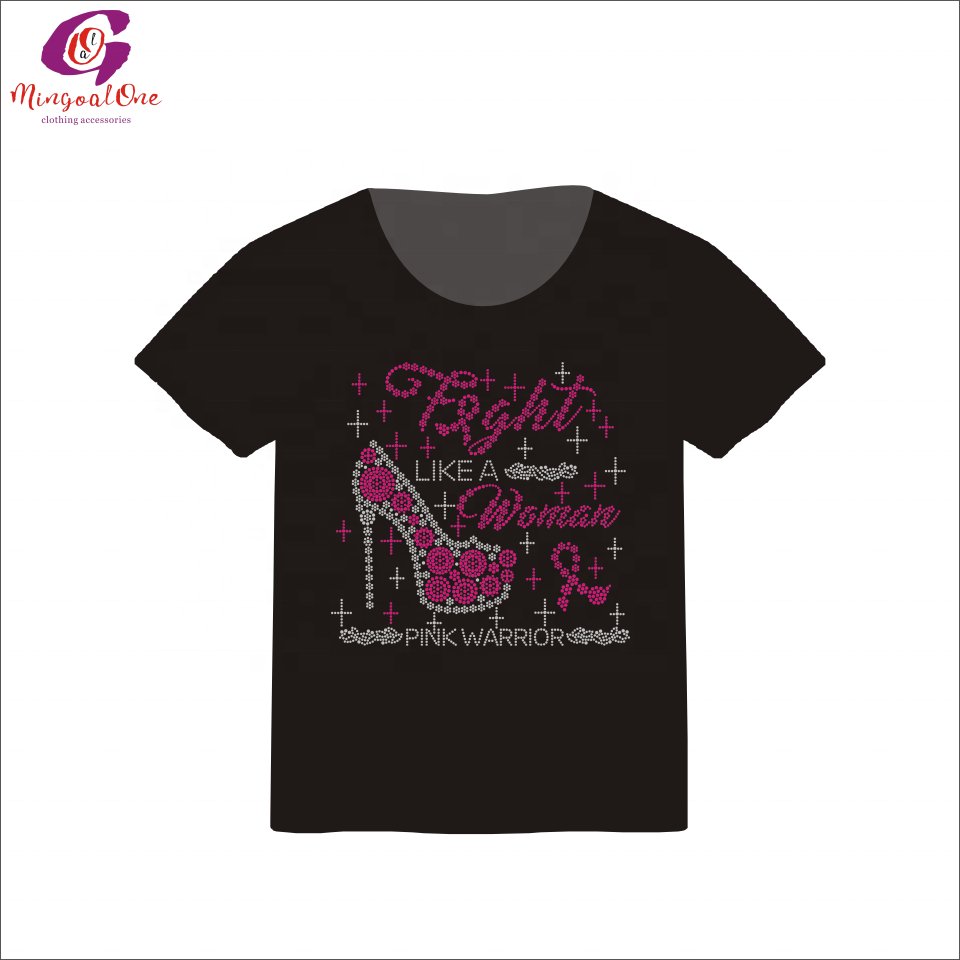 Hot Selling Sparkle Pink Ribbon Iron On Rhinestone Motif WARRIOR Princess Ribbon Hot Fix Rhinestone Heat Transfer for Shirt