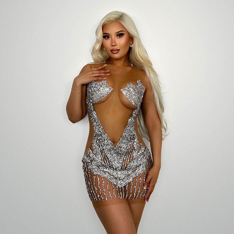 Bomblook K24DS010 Summer New Outfits Ladies Evening Women's Sleeveless Rhinestone Dresses Sexy Mini See Through Party Dress 2024
