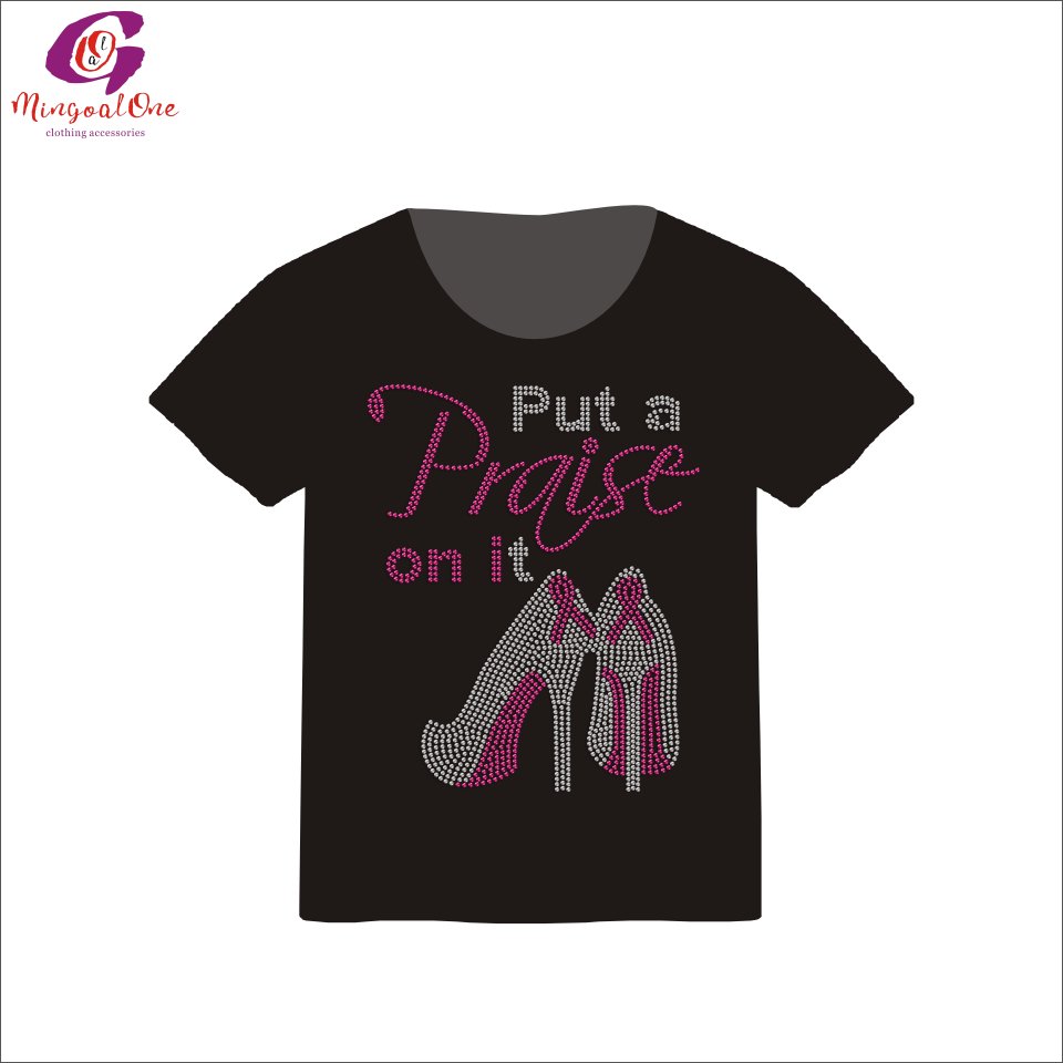 Favourite Sparkle Custom Pink Ribbon Rhinestone Heat Transfer Cancer Ribbon Saying Hot Fix Rhinestone Heat Transfer Design