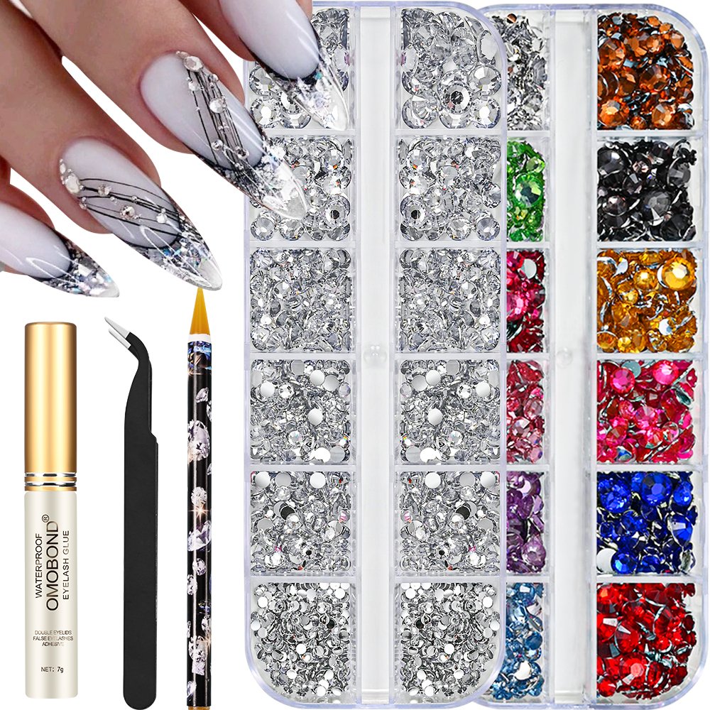 12Gird 3D Glass AB Crystal Nail Art Rhinestones Kit Flatback Round Bead Charm Gem Stones Jewelry Diamond with Tools for Nail Art