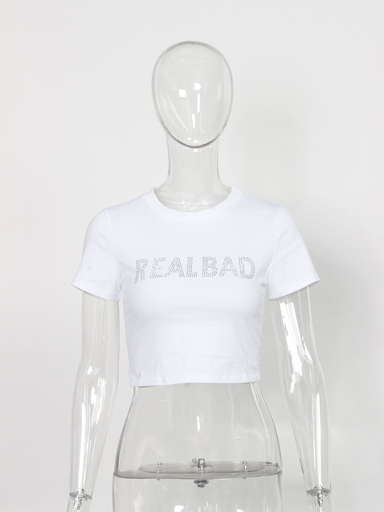 wholesale women solid rhinestone cropped tee shirts summer crop top ladies cute t shirts