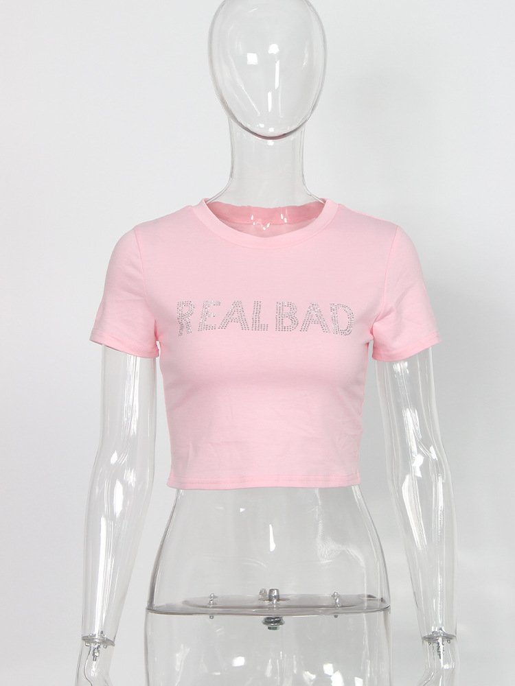 wholesale women solid rhinestone cropped tee shirts summer crop top ladies cute t shirts