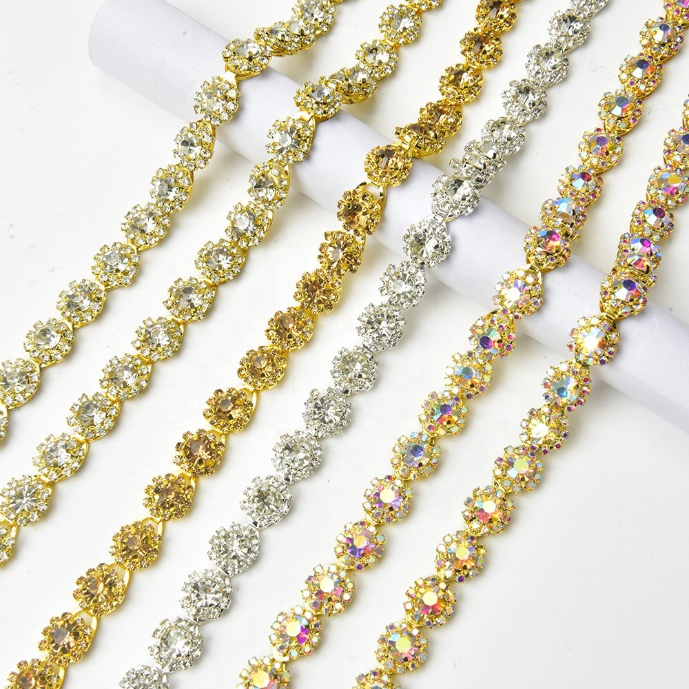 Gold AB Color Rhinestone Sunflower Claw Chain Sew on Wedding Dress Clothing Shoes Accessories Crystal Diamond Trimming