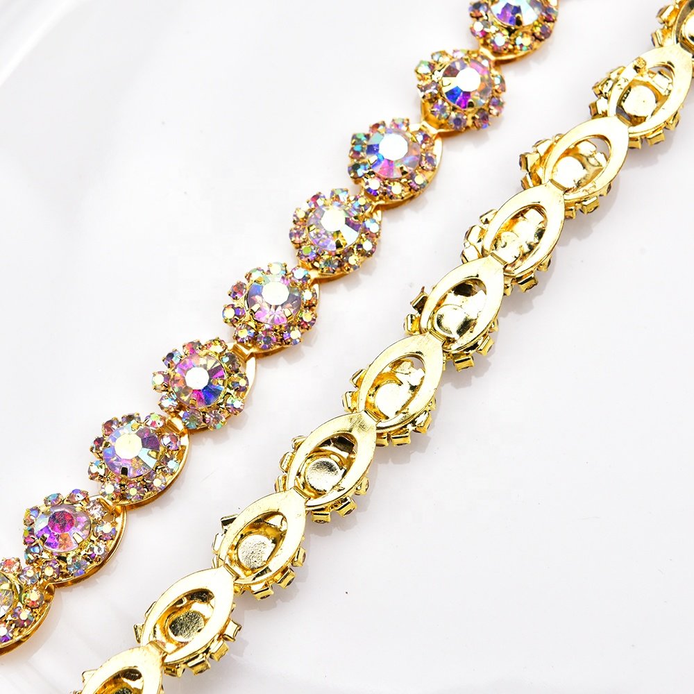 Gold AB Color Rhinestone Sunflower Claw Chain Sew on Wedding Dress Clothing Shoes Accessories Crystal Diamond Trimming