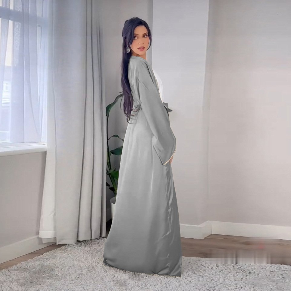 Liu Ming Fashion 2024 Long Sleeve Lace Up Abayas Clothes Casual Solid Color Rhinestone Dress for Muslim Women