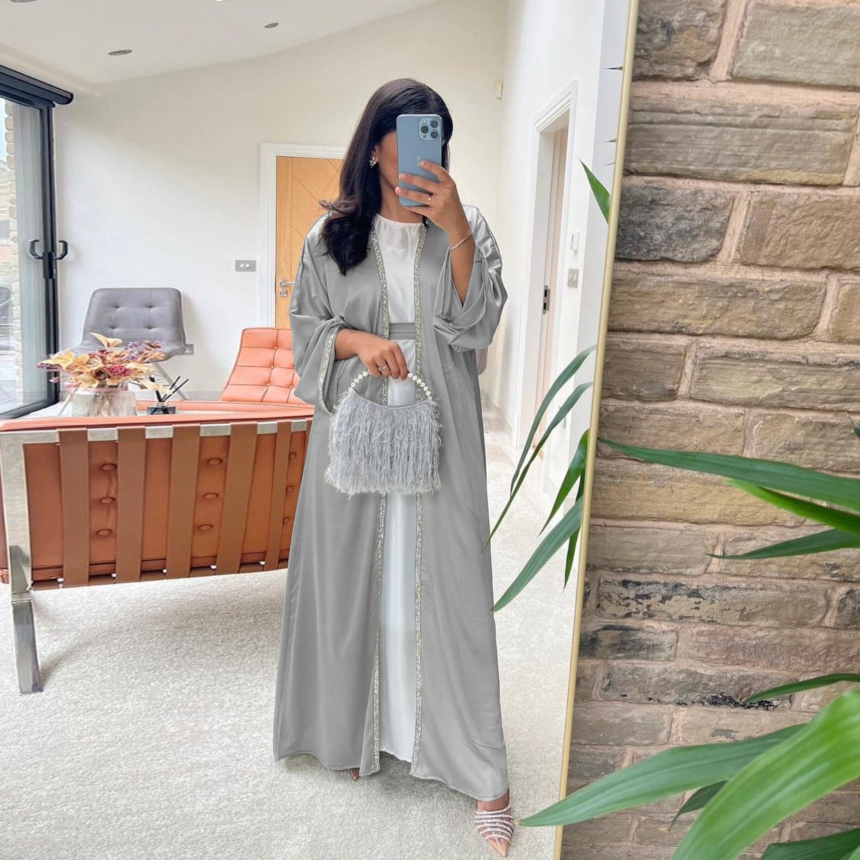 Liu Ming Fashion 2024 Long Sleeve Lace Up Abayas Clothes Casual Solid Color Rhinestone Dress for Muslim Women