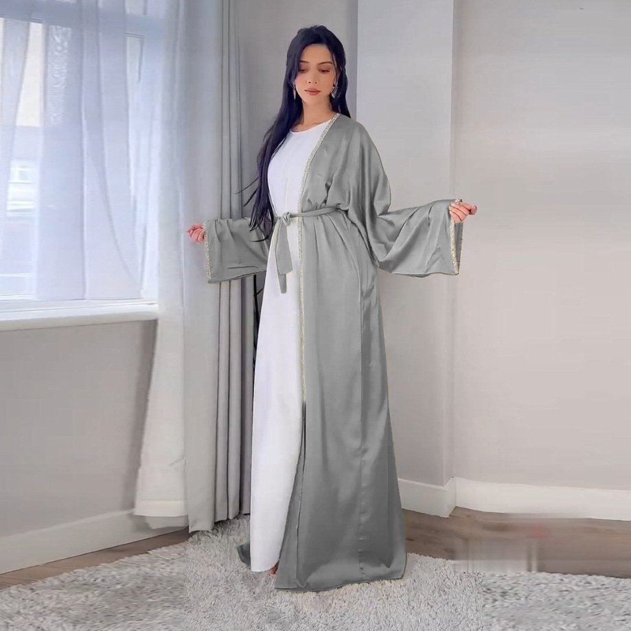 Liu Ming Fashion 2024 Long Sleeve Lace Up Abayas Clothes Casual Solid Color Rhinestone Dress for Muslim Women