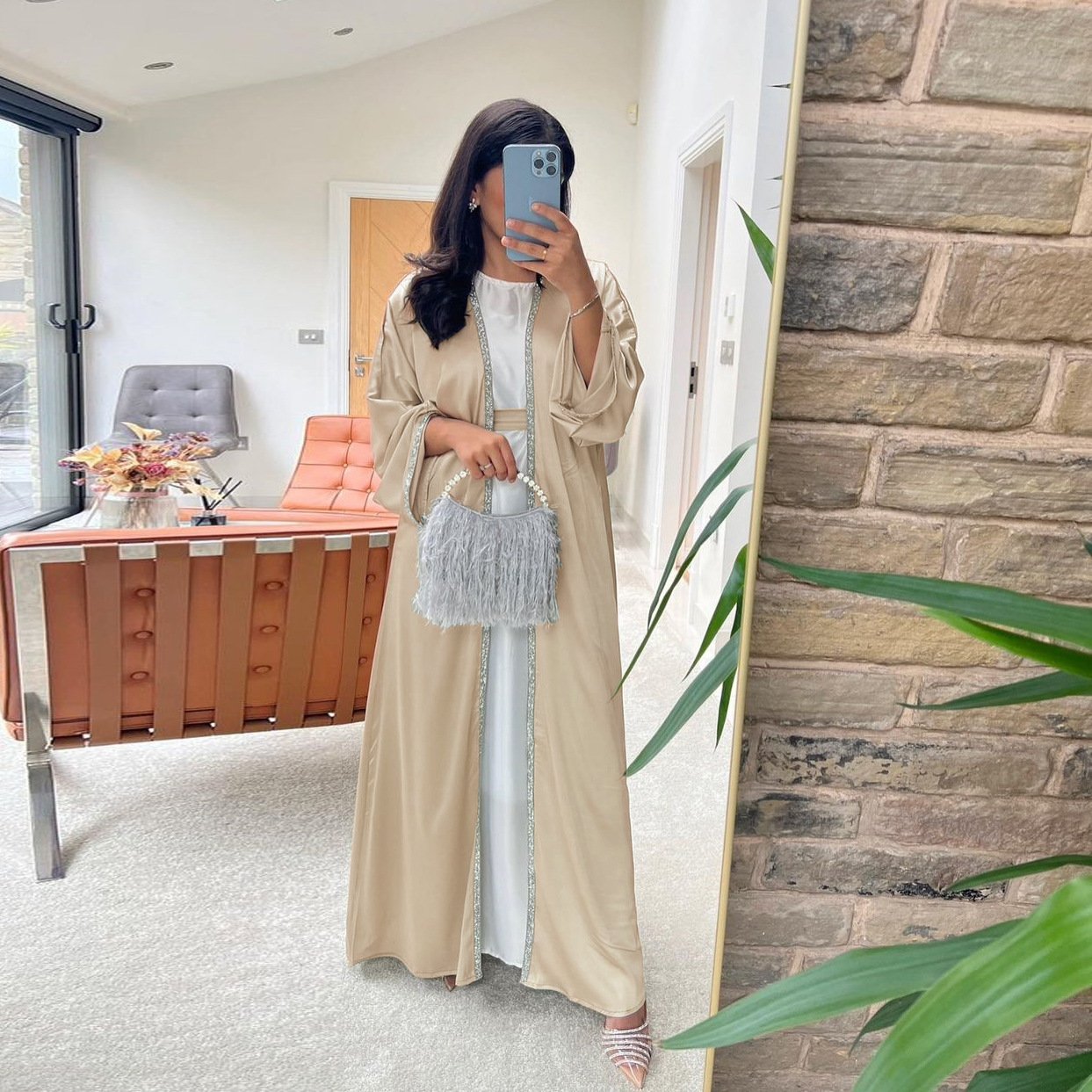 Liu Ming Fashion 2024 Long Sleeve Lace Up Abayas Clothes Casual Solid Color Rhinestone Dress for Muslim Women