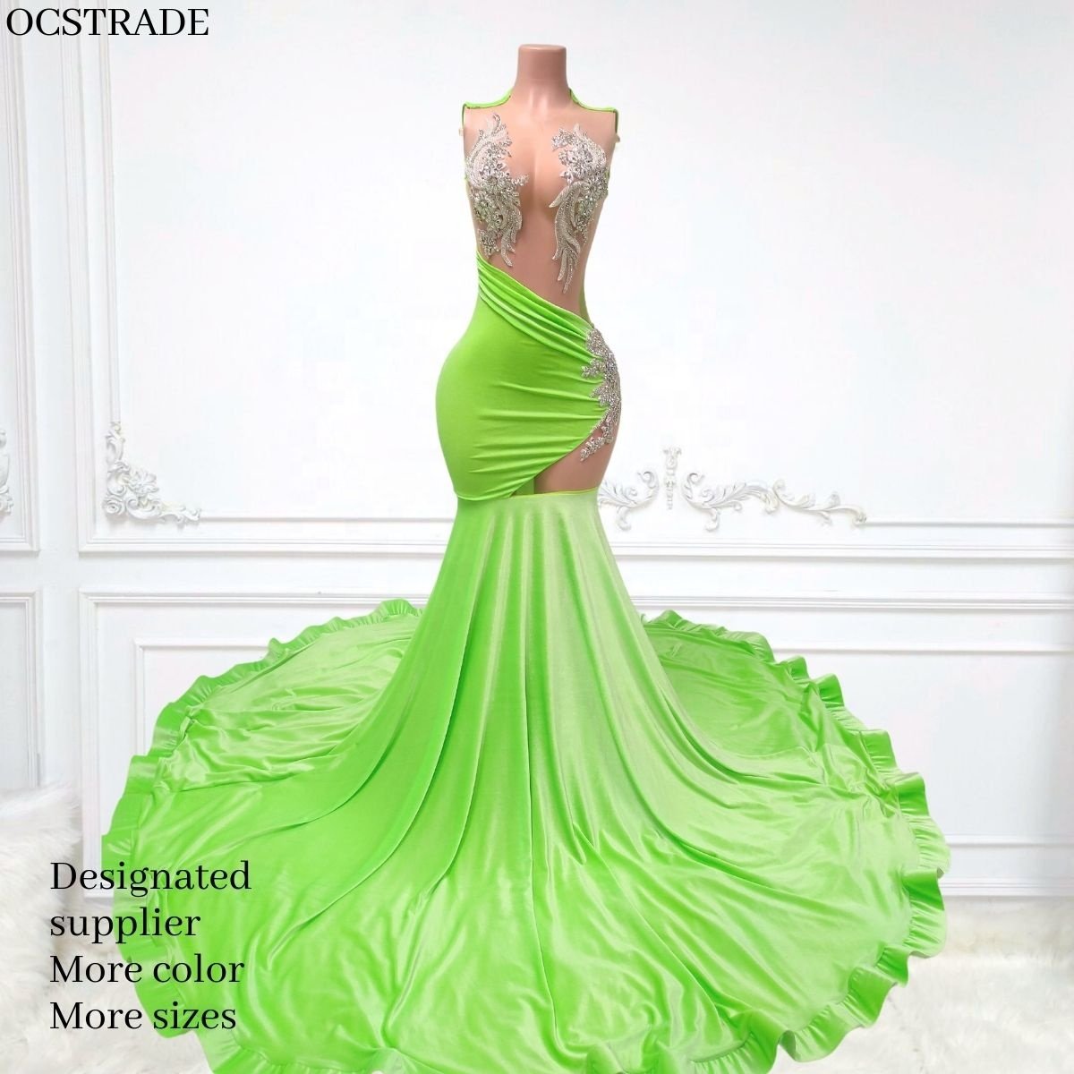 Ocstrade Sparkly Custom Rhinestone Elegant Prom Dress Sexy Mesh Corsets Sequin Long Trumpet Ball Gown Green Evening Dress Women