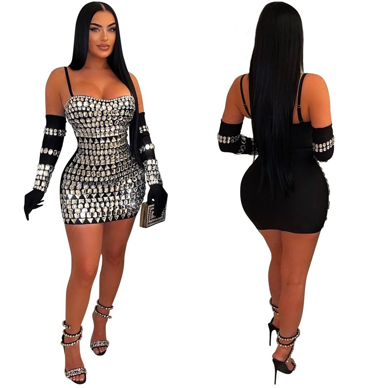 luxury women sexy elegant red big heavy rhinestone crystal bead bodycon short mini evening gown dress in rhinestones with gloves