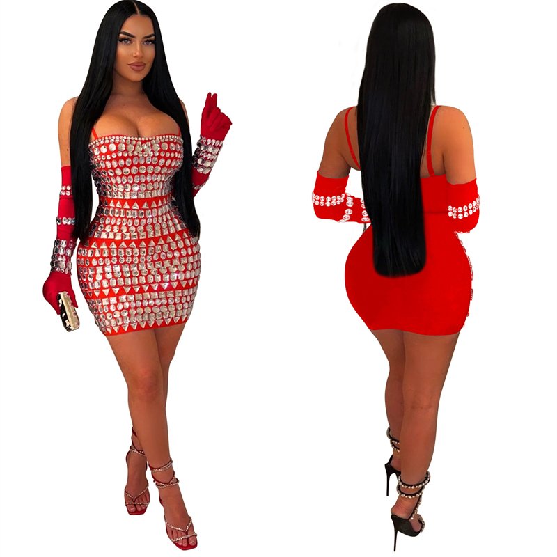 luxury women sexy elegant red big heavy rhinestone crystal bead bodycon short mini evening gown dress in rhinestones with gloves