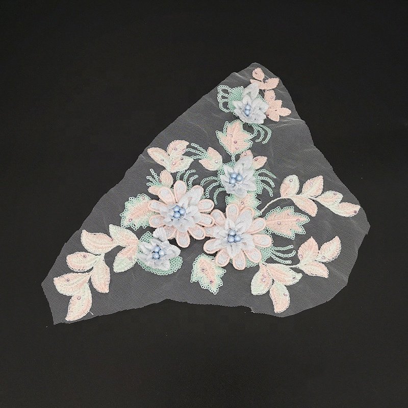 New arrival handmade DIY rhinestone sequins lace mesh applique 3d flower LT2272A