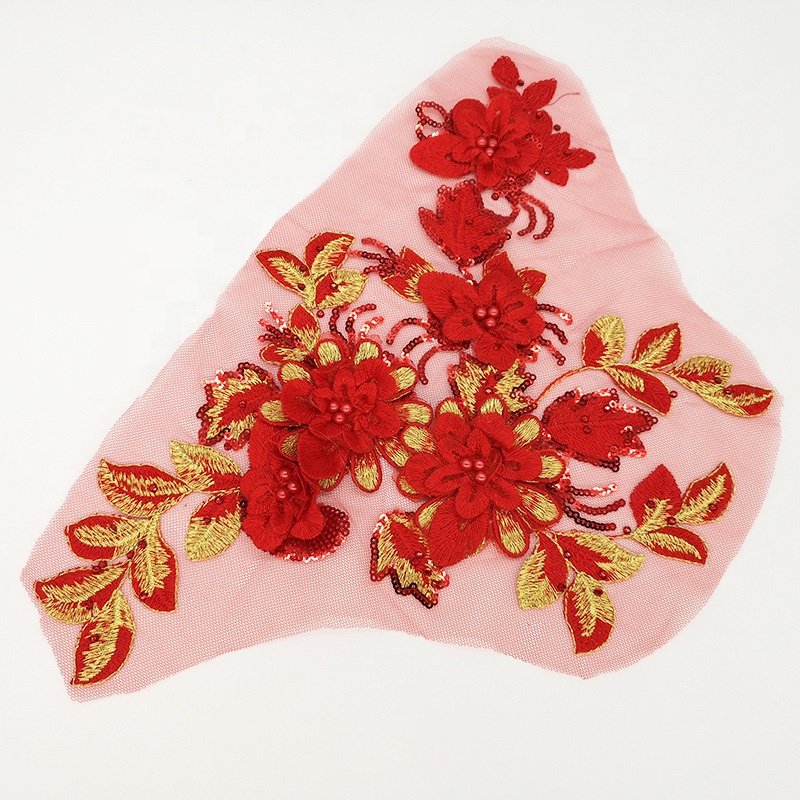 New arrival handmade DIY rhinestone sequins lace mesh applique 3d flower LT2272A