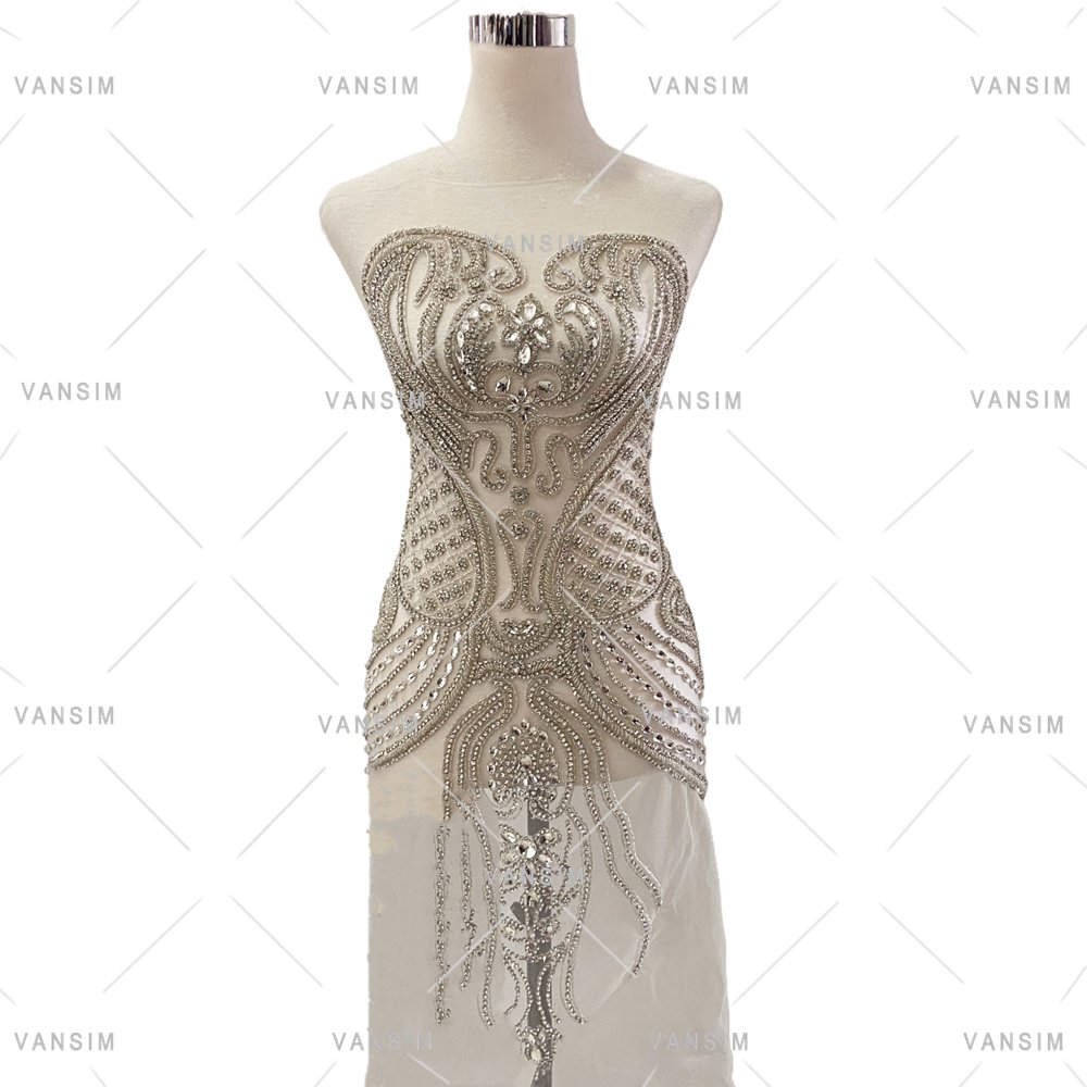 whole sale stock champagne rose gold color crystal embellishments bodice dress rhinestone applique bodice dress patch sewing on