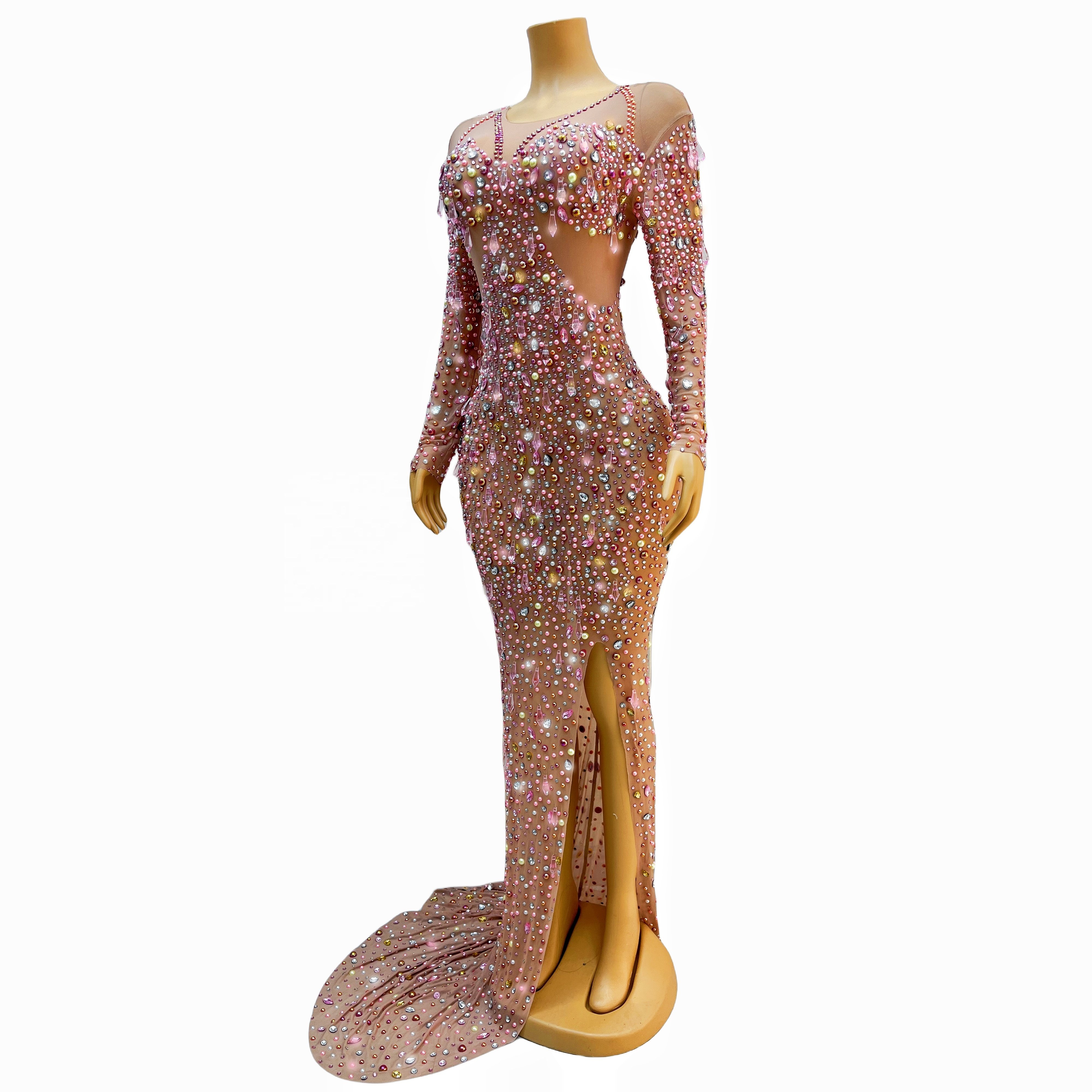 2024 New Evening Birthday Party Dance Rhinestones Costume Women's Dresses Luxurious Pearls Crystals Big Train Split Dress