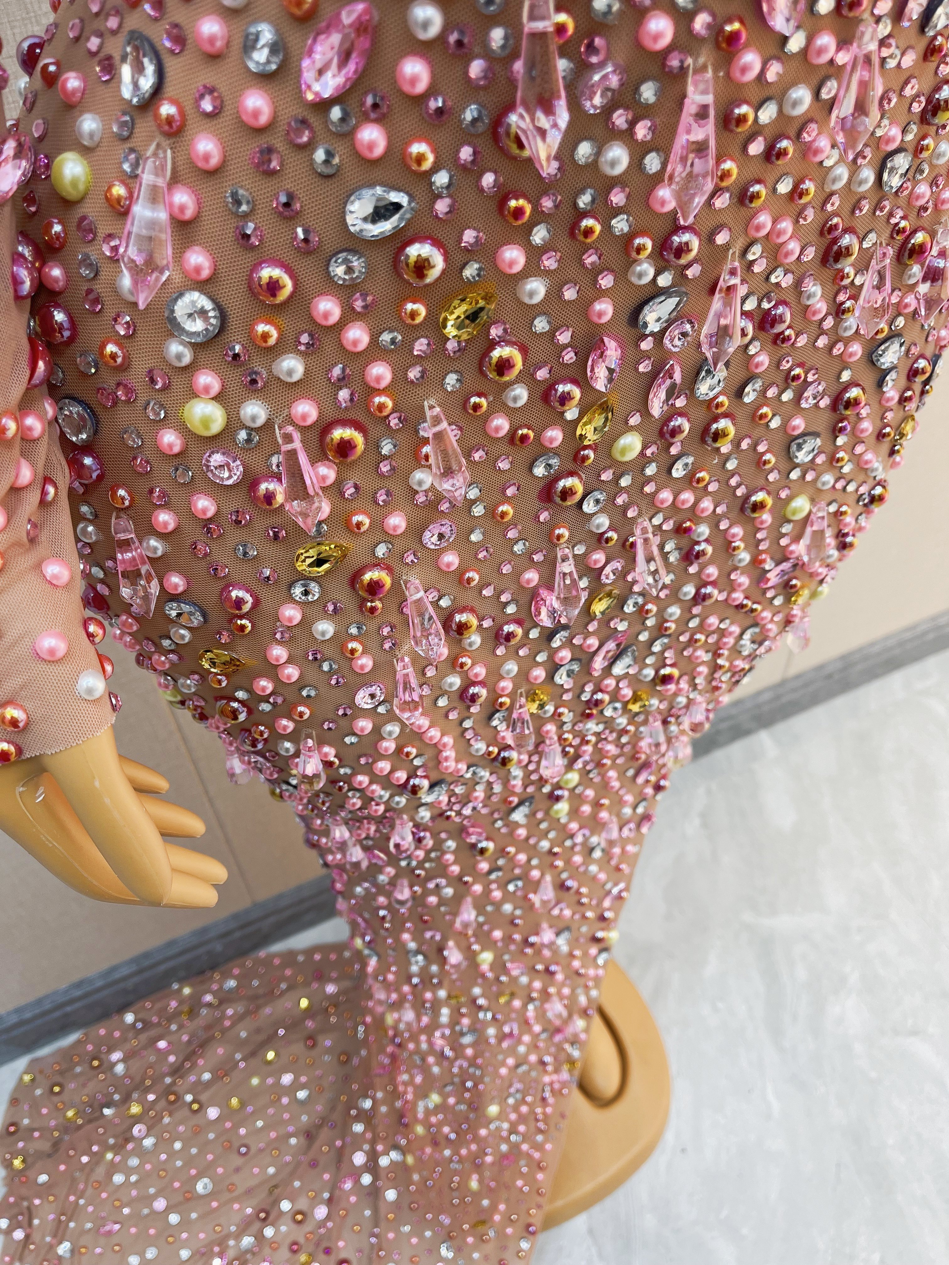 2024 New Evening Birthday Party Dance Rhinestones Costume Women's Dresses Luxurious Pearls Crystals Big Train Split Dress