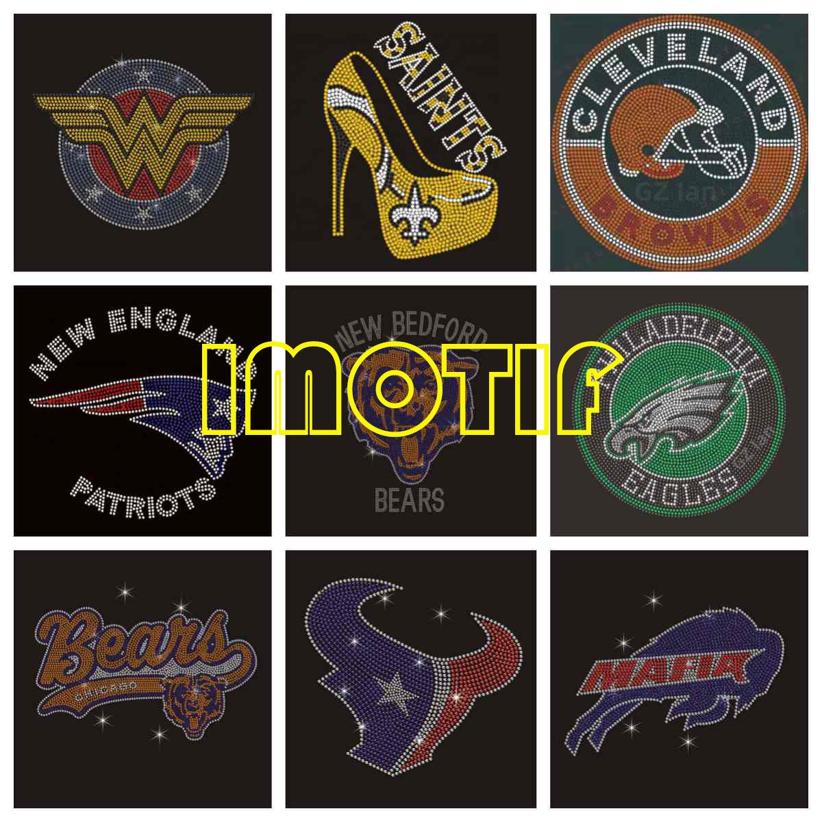 Bling hotfix iron on patches buffalo football rhinestone heat transfer design for t shirt hoodie
