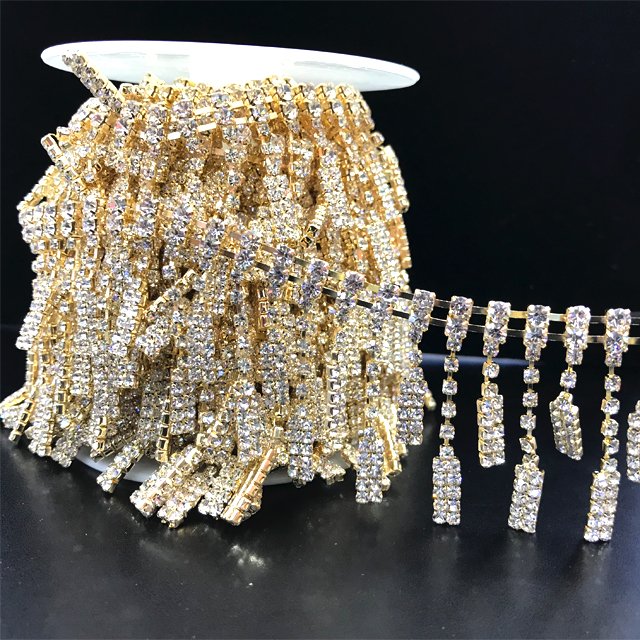 CA004 factory supply diamond bridal tassel chain rhinestone fringe chain trim gold for garment