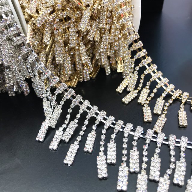 CA004 factory supply diamond bridal tassel chain rhinestone fringe chain trim gold for garment