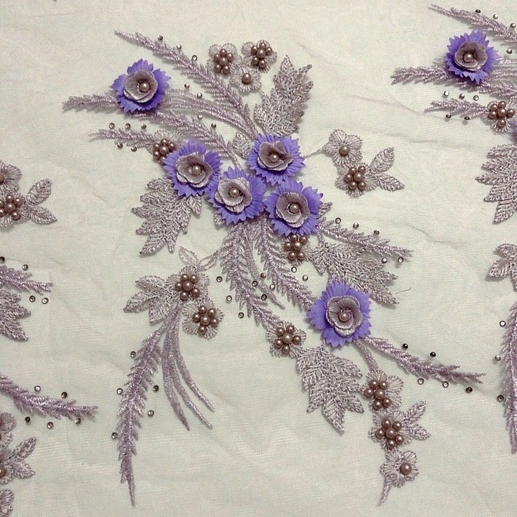 Fancy embroidered 3d flower lace beaded applique with rhinestones LT20415