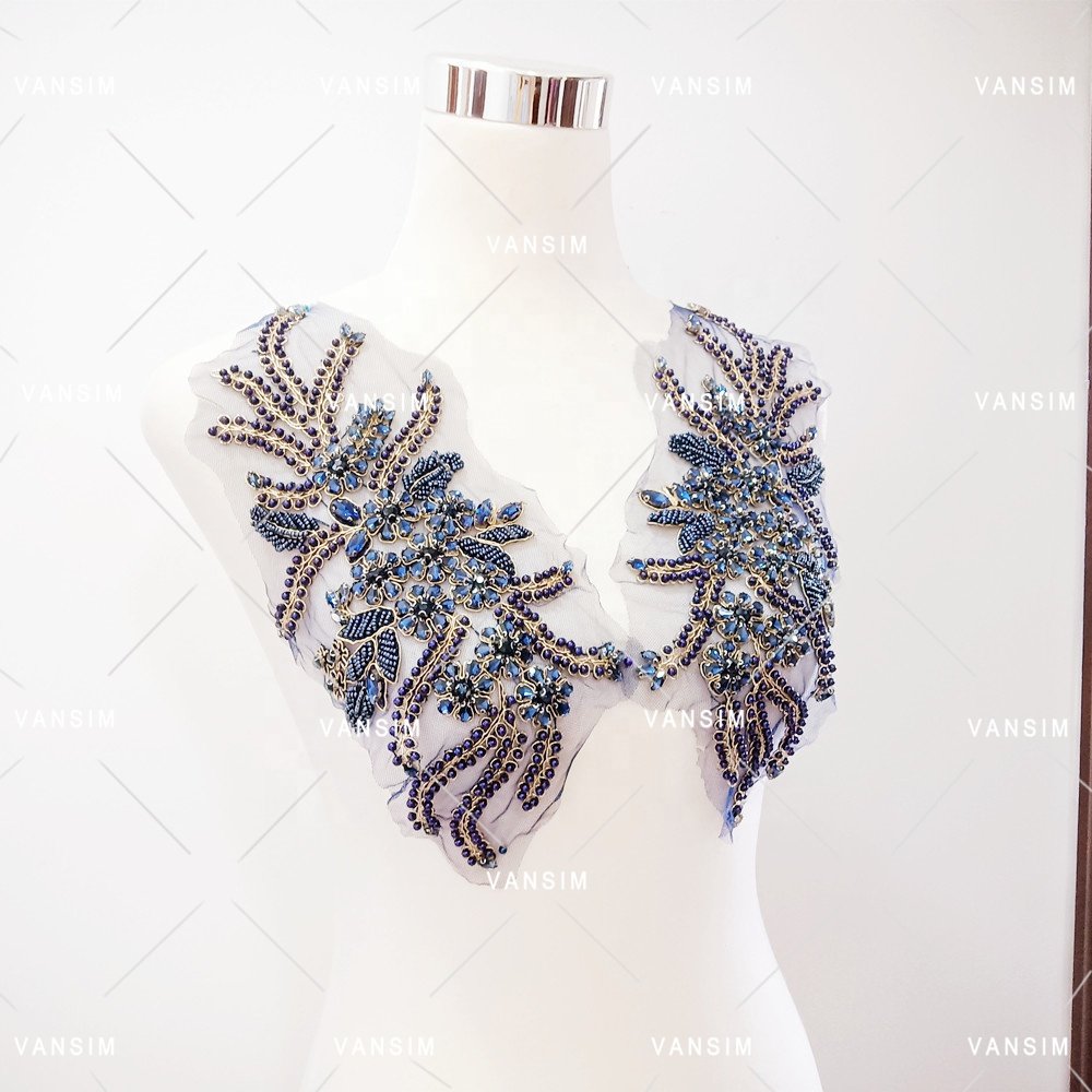 blue peach pink red AB black gold glass stone dress panel crystal embroidered flower bodice applique whole sell stock items