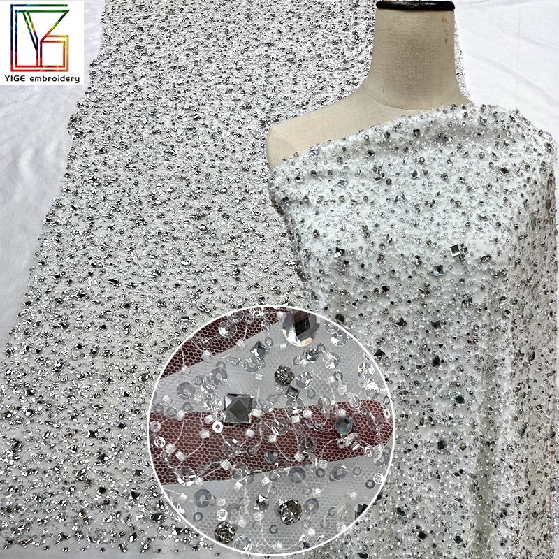 Luxury Beaded Lace Sparkli Bridal Rhinestones Sequins Tulle And Party Dress Embroidery Rhinestone Crystal Beads Heavy Fabric