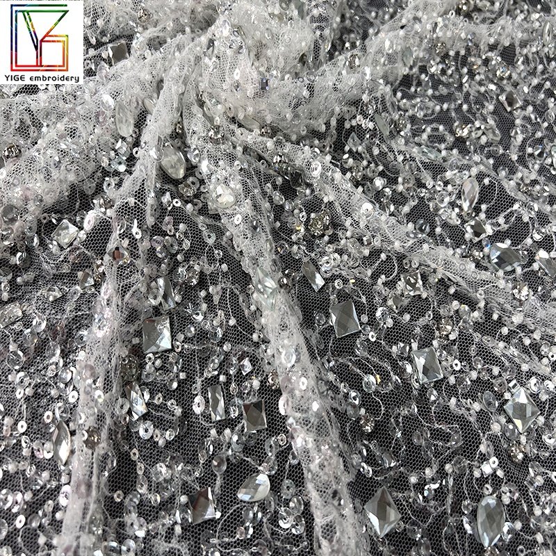 Luxury Beaded Lace Sparkli Bridal Rhinestones Sequins Tulle And Party Dress Embroidery Rhinestone Crystal Beads Heavy Fabric