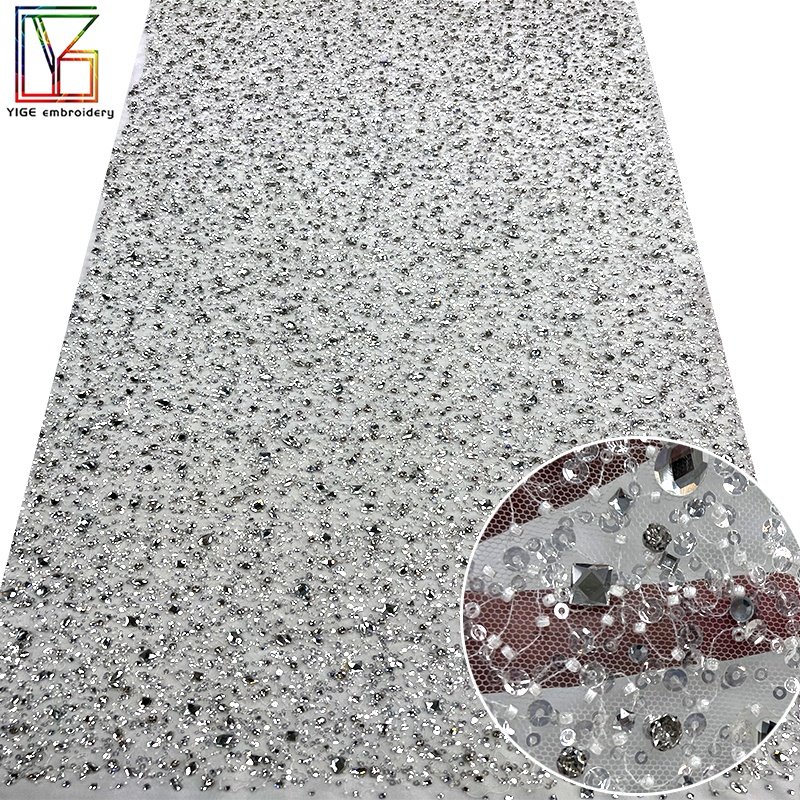 Luxury Beaded Lace Sparkli Bridal Rhinestones Sequins Tulle And Party Dress Embroidery Rhinestone Crystal Beads Heavy Fabric
