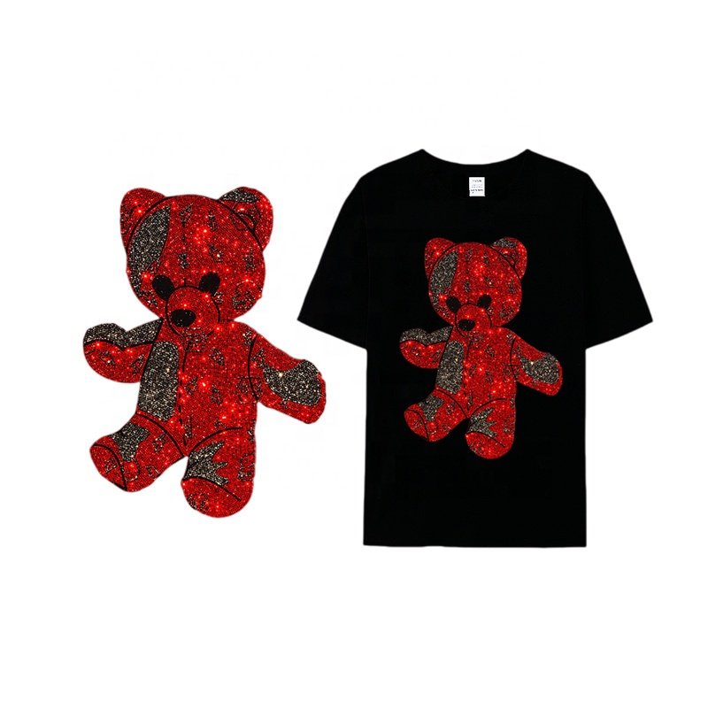 Free sample bling iron on customized rhinestone heat transfer bear design for t-shirt