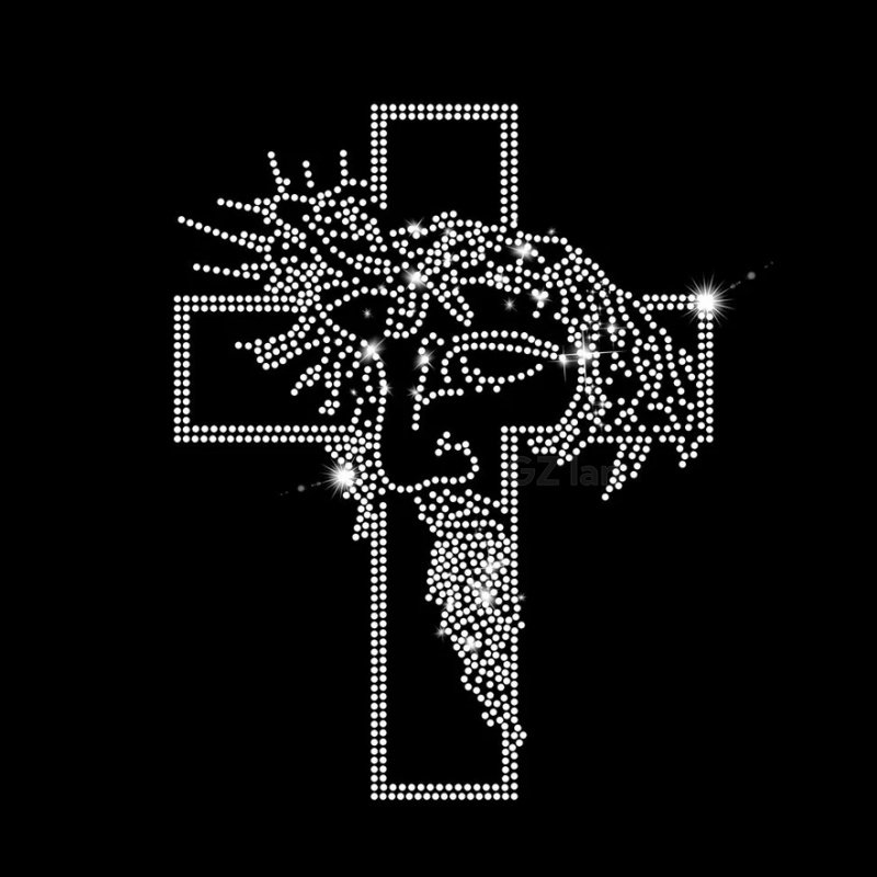Christian Hotfix Religious Cross Rhinestone Transfer Design Crystal Hotfix Bling Custom Faith God Rhinestone