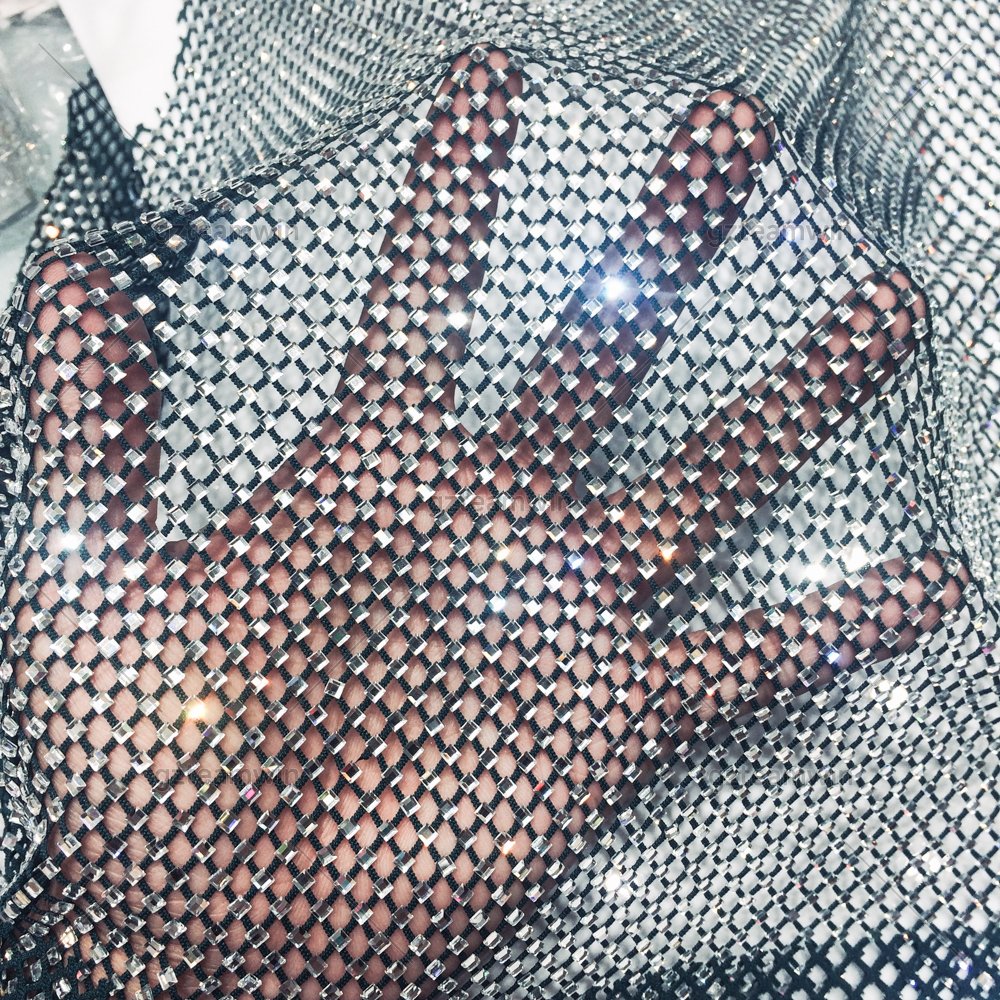 Factory Direct Sales Glass Square Soft Stretch Rhinestones Fabric Net Trim Crystal Glass Rhinestone Mesh Fabric For Bra Dress