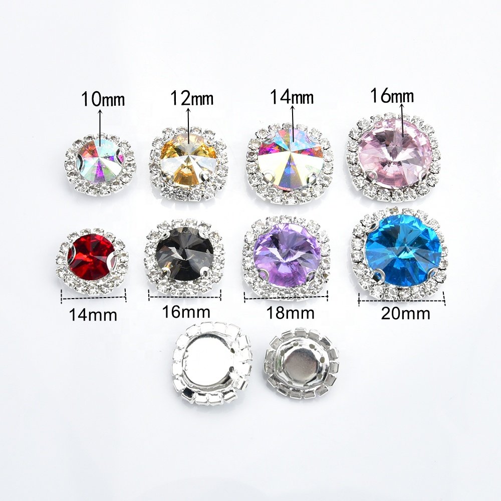 Flat Back Crystal Button Sew on Round Satellite Rhinestone With Silver Claw Setting Chain for Wedding Dress Garment Decoration