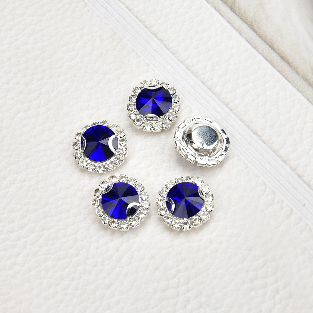 Flat Back Crystal Button Sew on Round Satellite Rhinestone With Silver Claw Setting Chain for Wedding Dress Garment Decoration
