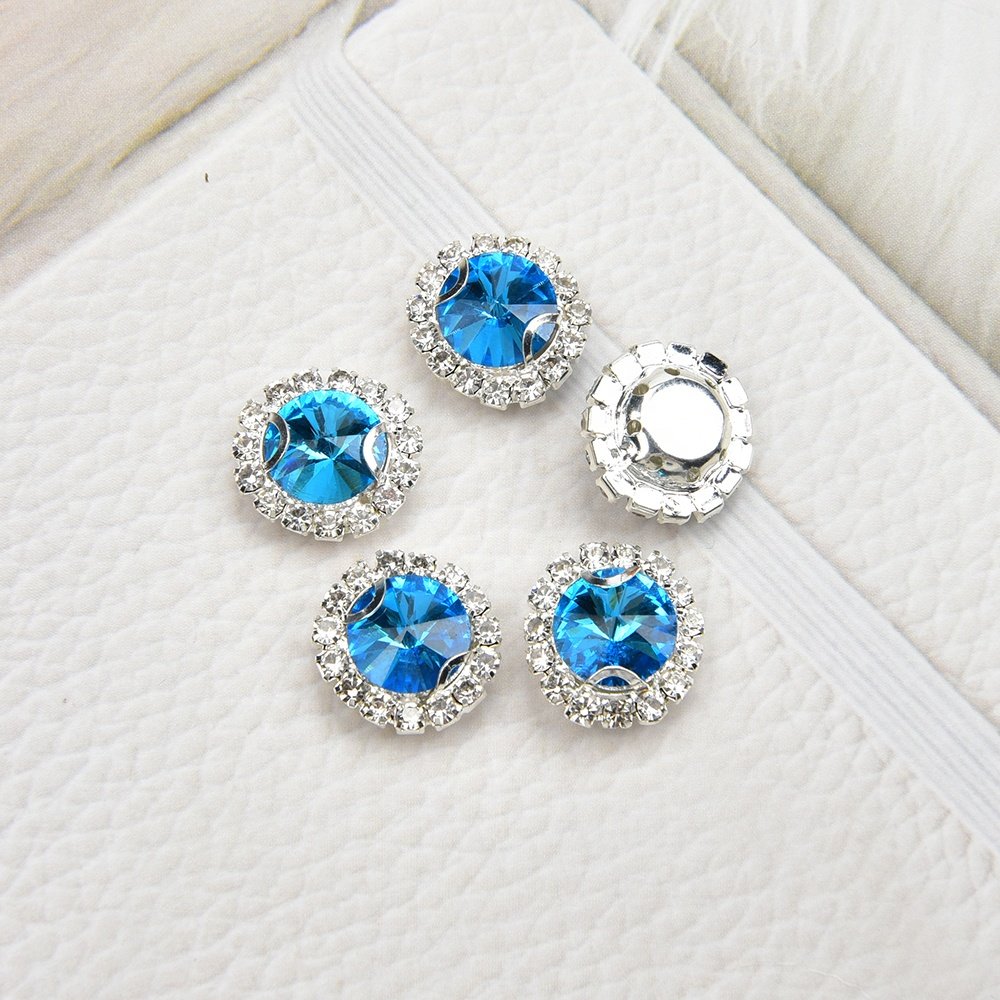 Flat Back Crystal Button Sew on Round Satellite Rhinestone With Silver Claw Setting Chain for Wedding Dress Garment Decoration